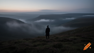 Person overlooking misty Welsh hills at sunset, evoking longing and nostalgia Attribution: Craiyon