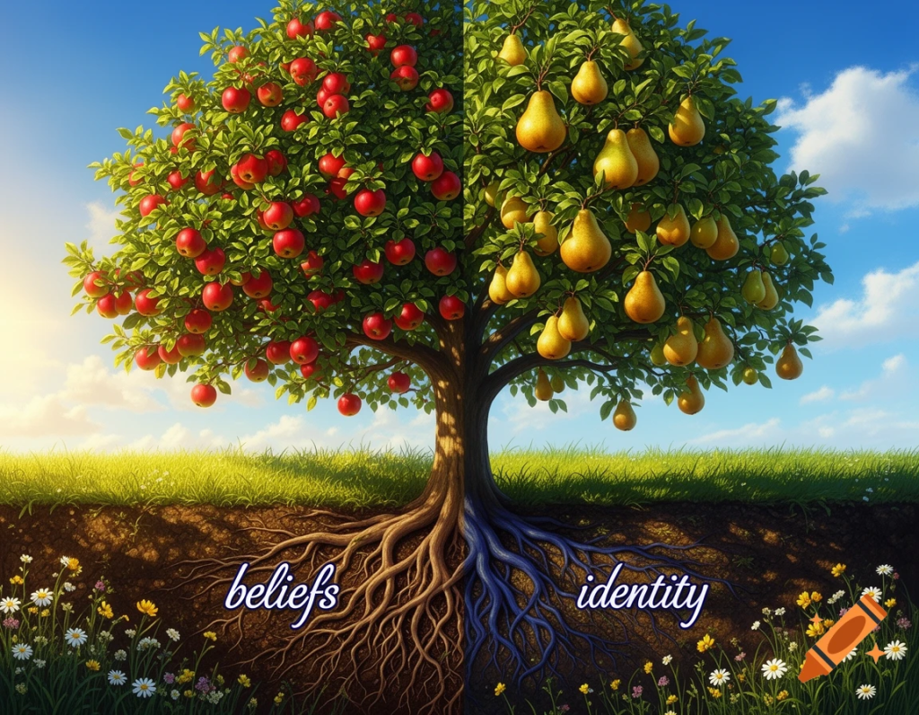 Illustration of two different fruit trees with shared underground roots representing internal identity shaping outward behaviour Attribution: Craiyon