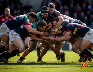 Rugby breakdown showing close contact and limited space between players