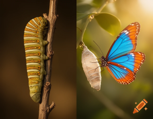 Caterpillar transforming into a butterfly as a metaphor for personal growth, change and leaving comfort zones behind.