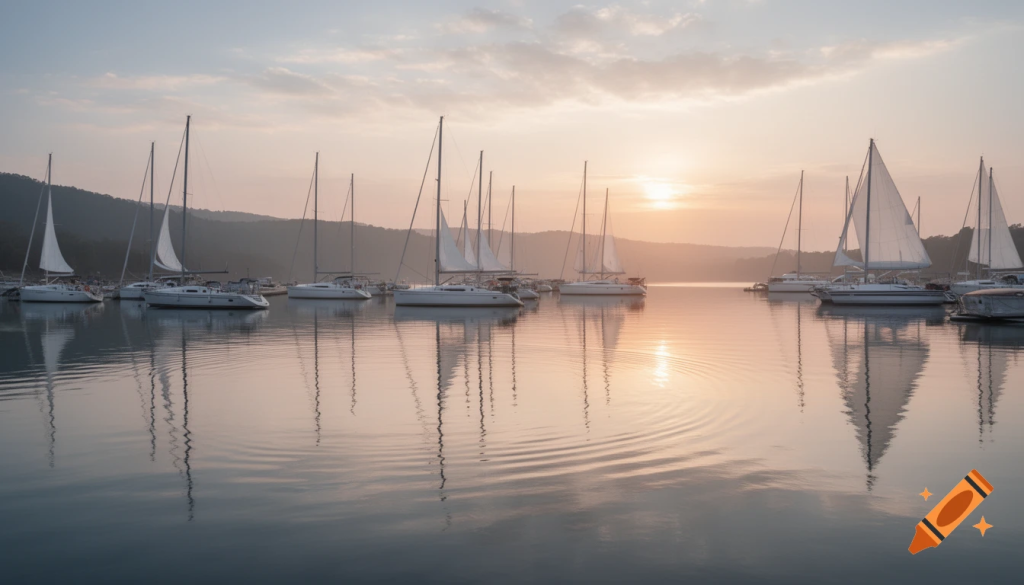 Early morning light over a quiet marina with sailboats at rest