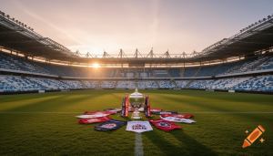 Sunrise shining over a rugby stadium with winning UB and Montpellier banners