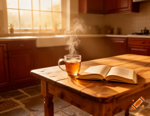 Sunlight pouring into a quiet kitchen beside a steaming mug of tea and an open paperback on a wooden table