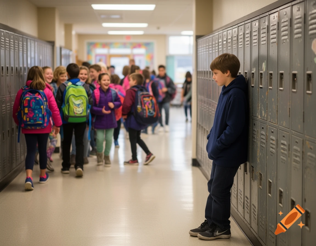 School corridor showing social groups and one isolated child during break time