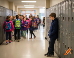 School corridor showing social groups and one isolated child during break time