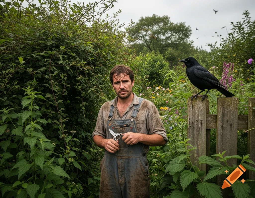 Humorous scene of a gardener battling giant brambles and nettles in an overgrown British garden.