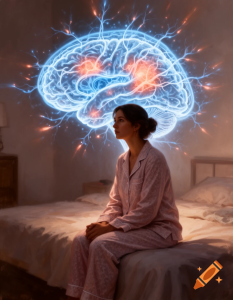 woman experiencing intrusive memories with neurological imagery representing stress and memory processing