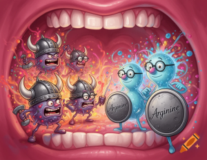 Illustration of beneficial mouth bacteria using arginine to fight acid-producing bacteria linked to tooth decay