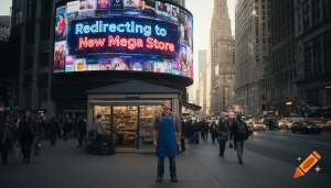 Business owner looking up at a giant AI-powered search screen controlling online traffic.