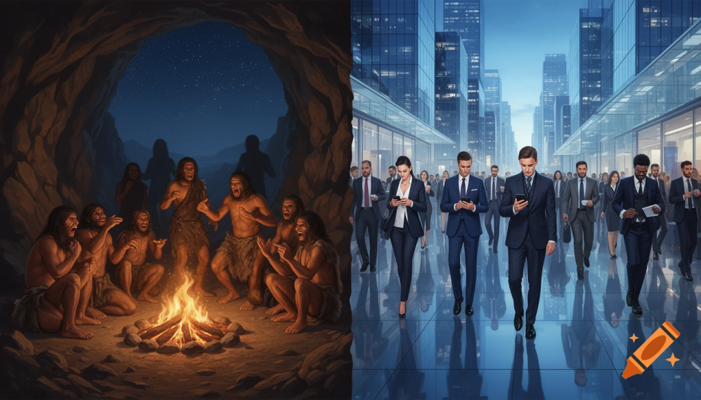 Illustration of people across history copying behaviours, from prehistoric tribes to modern workplaces and social media culture