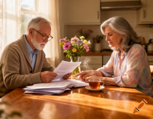 Older couple reviewing financial support paperwork at home in the UK.
