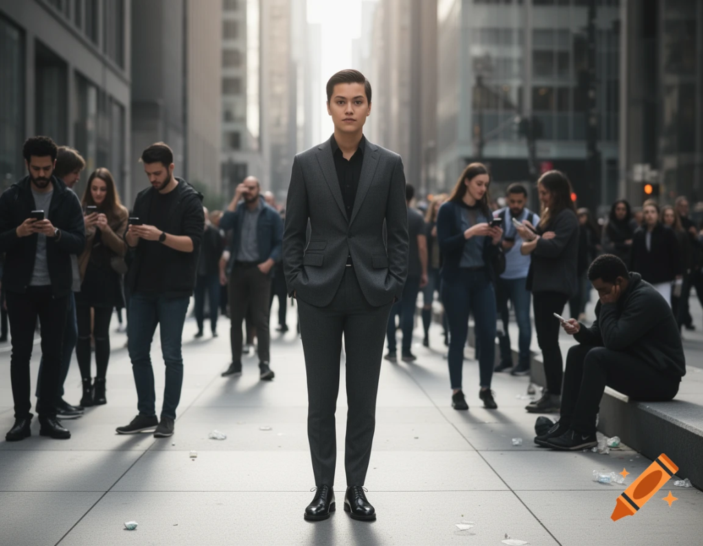 Person standing thoughtfully in a modern city surrounded by examples of emotional and social ugliness in everyday life