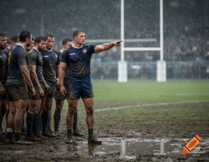 Rugby captain motivating teammates during a tough match in wet conditions.