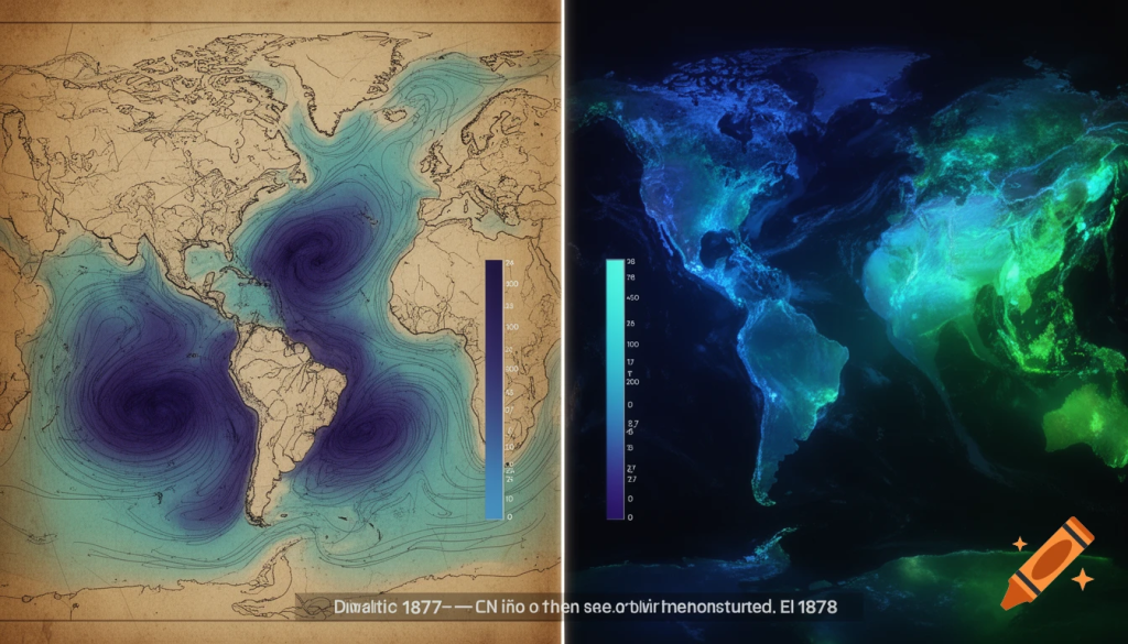 plit screen comparing reconstructed historical El Niño sea surface temperatures from 1877–1878 with modern satellite measurements of the equatorial Pacific showing current anomaly patterns