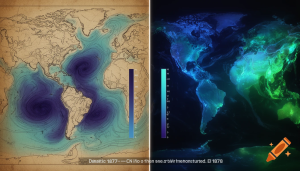 plit screen comparing reconstructed historical El Niño sea surface temperatures from 1877–1878 with modern satellite measurements of the equatorial Pacific showing current anomaly patterns