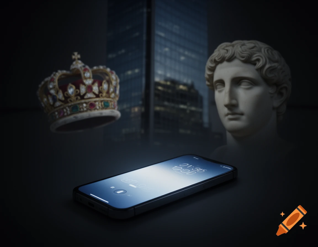 Smartphone displaying social media apps beside symbolic historical imagery representing power and control through history