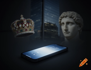 Smartphone displaying social media apps beside symbolic historical imagery representing power and control through history