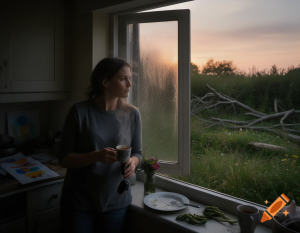 Tired parent in a cluttered kitchen looking at a weedy garden after a long day of work and family responsibilities.