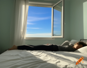 Morning sunlight entering a bedroom while a person wakes up and stretches, showing the effect of daylight on wakefulness