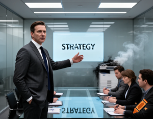 Businessman discussing strategy while workplace chaos unfolds behind him, symbolising the gap between intention and behaviour