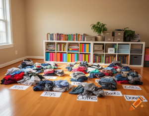 Half-cleaned room showing contrast between chaos and neatly organised shelf