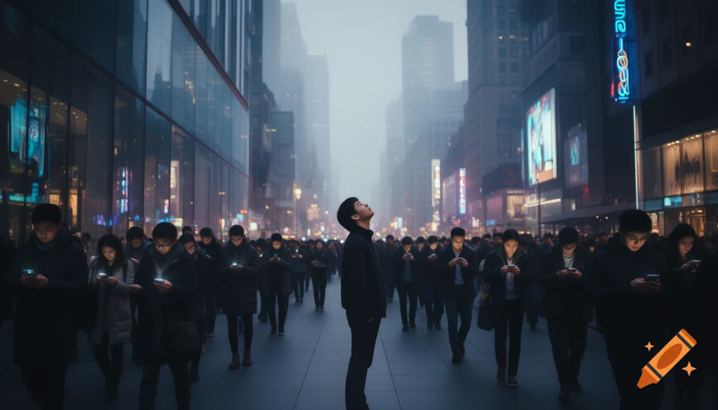 A lone person looking beyond a crowd distracted by glowing screens in a modern city