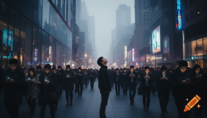 A lone person looking beyond a crowd distracted by glowing screens in a modern city