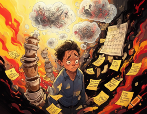 Person overwhelmed by anticipatory stress while overthinking future events and deadlines.