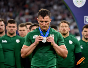 Rugby players receiving runner-up medals after a European final, with one player removing his medal immediately
