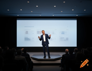 Business speaker on stage presenting to an audience, captured in a candid moment showing informal behaviour during a professional talk