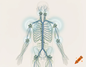 Diagram of the human lymphatic system highlighting lymph nodes and vessels throughout the body, showing immune function and fluid drainage pathways