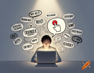 A person sitting at a laptop while dozens of speech bubbles containing dismissive comments float around them, with one speech bubble showing a hand pressing a mute button