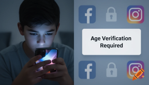 Teenager using a smartphone facing social media age restrictions and online access controls.
