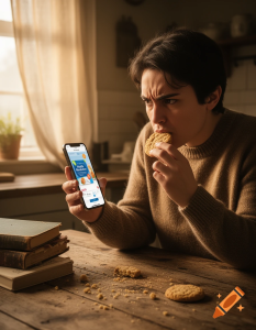 ndividual looking doubtful at a social media weight loss advert on a smartphone