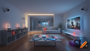 Family home using smart technology with cybersecurity and privacy risks highlighte