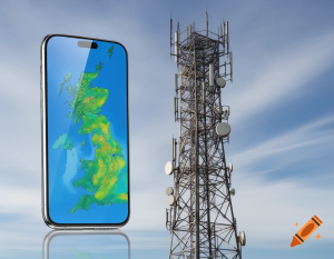 Smartphone showing mobile network coverage data on a UK map