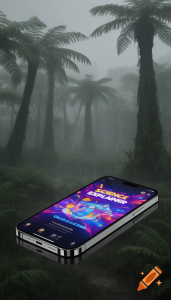 Split scene showing prehistoric heavy rainfall and a modern phone displaying an exaggerated science Instagram reel
