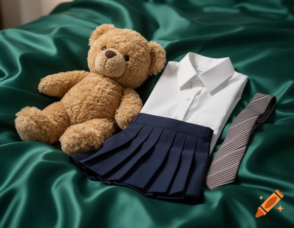 teddy on bed with school girl uniform folded to one side