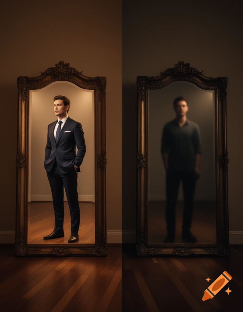 Person standing between mirrors representing the concepts of persona and shadow in psychology