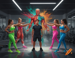Fitness influencers promoting fascia-based fat loss claims while a confused gym-goer watches